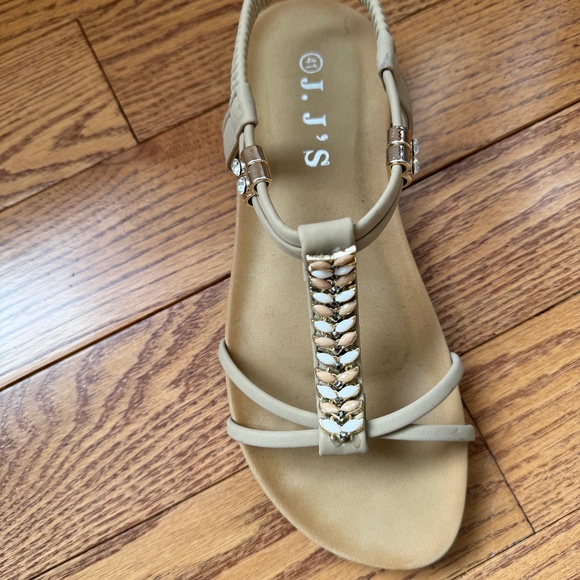 J.J's Brand Sandal with Beige Straps and Gold/Rhinestone Embellishments - Picture 2 of 5